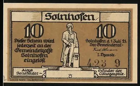 Notgeld Solnhofen, 1921, 10 Pfennig, Aloys Senefelder und Ruine, Solngruft