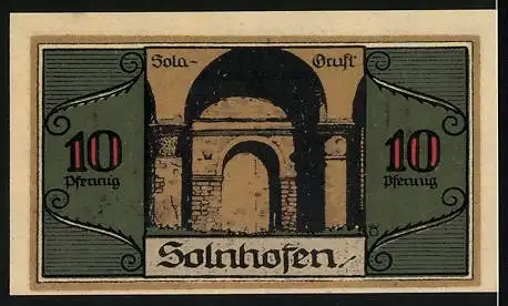 Notgeld Solnhofen, 1921, 10 Pfennig, Aloys Senefelder und Ruine, Solngruft