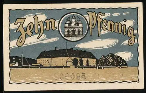 Notgeld Sonderburg, 1920, 10 Pfennig, Gebäude mit Turm und Unterschriften der Magistraten