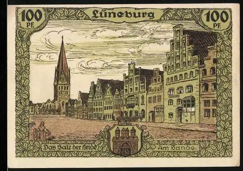 Notgeld Lüneburg, 100 Pfennig, Stadtansicht und Lüneburger Heide mit Hermann Löns