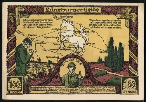 Notgeld Lüneburg, 100 Pfennig, Stadtansicht und Lüneburger Heide mit Hermann Löns