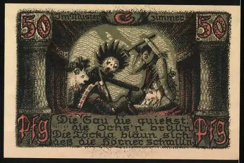 Notgeld Sonneberg 1922, 50 Pfennig, Löwe und humorvolle Szene mit Tieren und Spruch