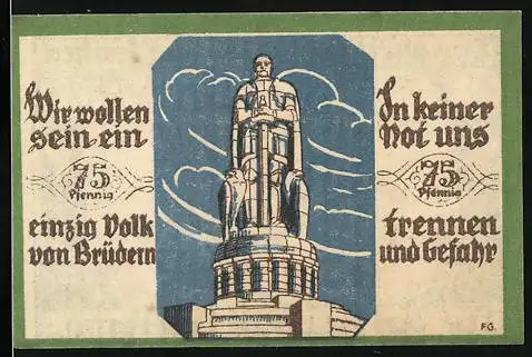 Notgeld Soltau, 1921, 75 Pfennig, Statue und Deutschlandkarte, Einigkeit und Recht und Freiheit