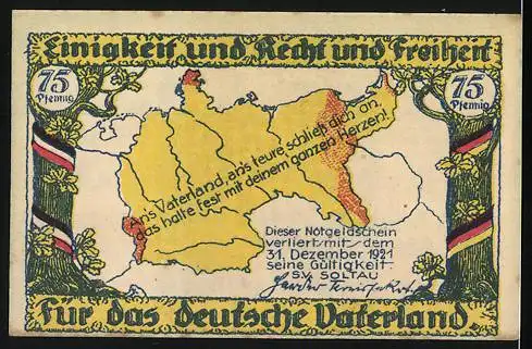 Notgeld Soltau, 1921, 75 Pfennig, Statue und Deutschlandkarte, Einigkeit und Recht und Freiheit