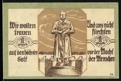 Notgeld Soltau, 1921, 1 Mark, Deutsche Vaterlandsdarstellung und Statue mit Spruchband