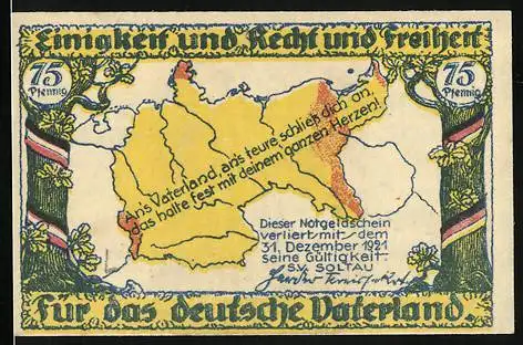 Notgeld Soltau 1921, 75 Pfennig, Karte von Deutschland und Statue mit Sprüchen