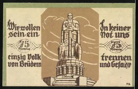 Notgeld Soltau 1921, 75 Pfennig, Karte von Deutschland und Statue mit Sprüchen