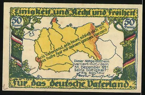 Notgeld Soltau, 1921, 50 Pfennig, Statue und Landkarte des Deutschen Reiches