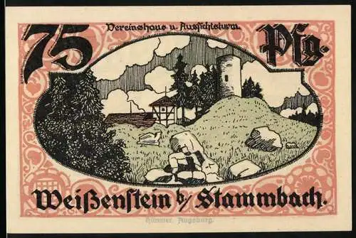 Notgeld Weissenstein bei Stammbach 1921, 75 Pfennig, Vereinshaus und Aussichtsturm Weissenstein