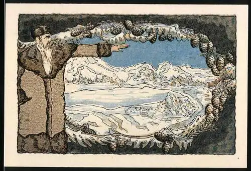 Notgeld Stammbach 1921, 99 Pfennig, Darstellung eines Mannes im Wintermantel vor einer verschneiten Landschaft