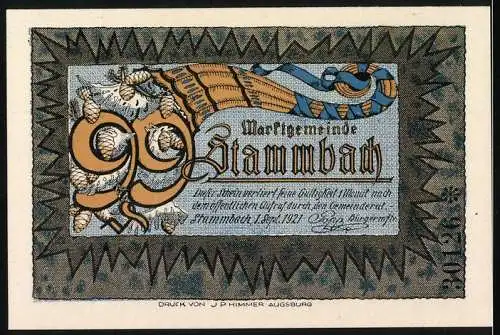 Notgeld Stammbach 1921, 99 Pfennig, Darstellung eines Mannes im Wintermantel vor einer verschneiten Landschaft