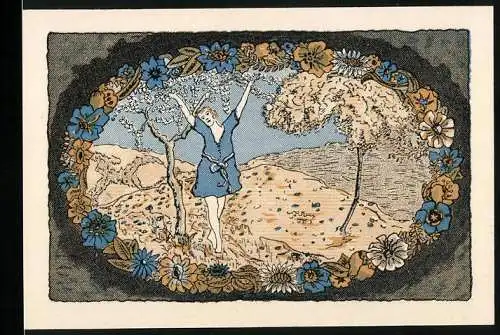 Notgeld Stammbach, 1921, 25 Pfennig, Landschaft mit Frau, Blumenkranz, Druck von J.P. Himmer Augsburg