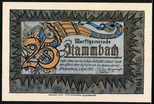 Notgeld Stammbach, 1921, 25 Pfennig, Landschaft mit Frau, Blumenkranz, Druck von J.P. Himmer Augsburg