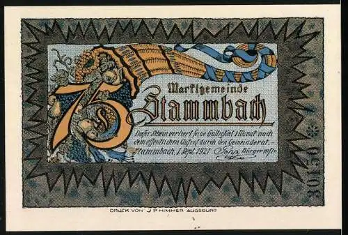 Notgeld Stammbach 1921, 75 Pfennig, Ernteszene mit Trauben und nackter Frau, Rückseite mit Wappen und Wert