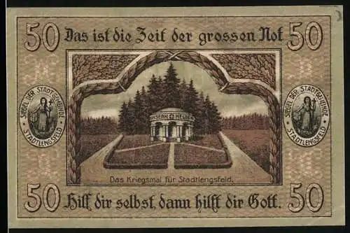 Notgeld Stadtlengsfeld, 1919, 50 Pfennig, Kriegsmahnmal und Gemeinde-Industrie