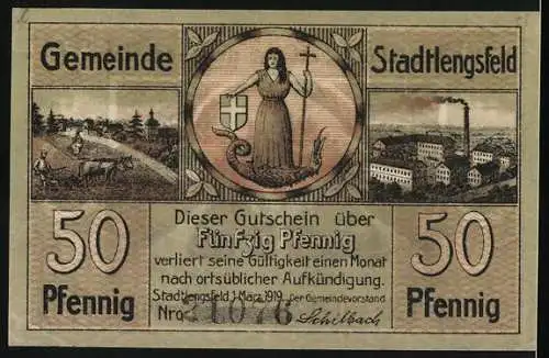 Notgeld Stadtlengsfeld, 1919, 50 Pfennig, Kriegsmahnmal und Gemeinde-Industrie