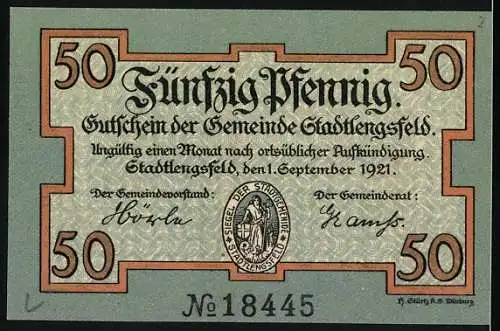 Notgeld Stadtlengsfeld 1921, 50 Pfennig, Illustration Bergarbeiter & Zwerge mit Schatztruhe und Aufschrift