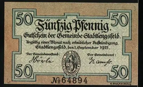 Notgeld Stadtlengsfeld, 1921, 50 Pfennig, Schäfer im Wald und Gemeindesiegel