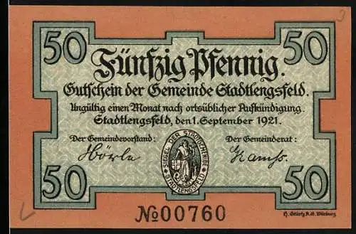 Notgeld Stadtlengsfeld 1921, 50 Pfennig, Vorderseite mit Siegel der Stadt, Rückseite mit Bauer und Hund