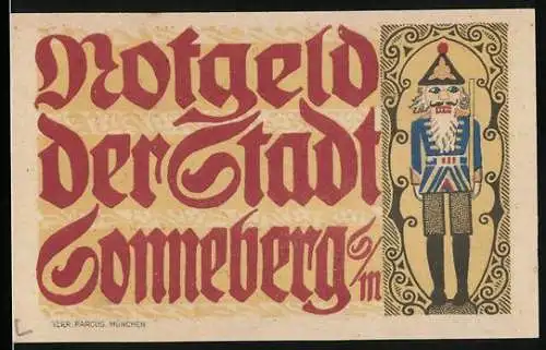 Notgeld Sonneberg 1921, 10 Pfennig, mit Nussknacker und florales Design, Seriennummer 77856