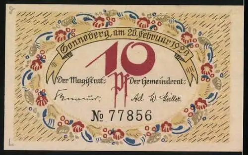 Notgeld Sonneberg 1921, 10 Pfennig, mit Nussknacker und florales Design, Seriennummer 77856