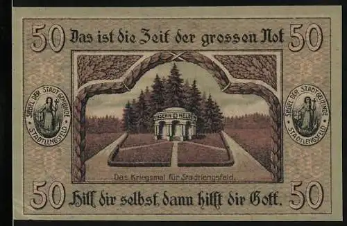 Notgeld Stadtlengsfeld, 1919, 50 Pfennig, Kriegsmahnmal und Gemeindeansichten