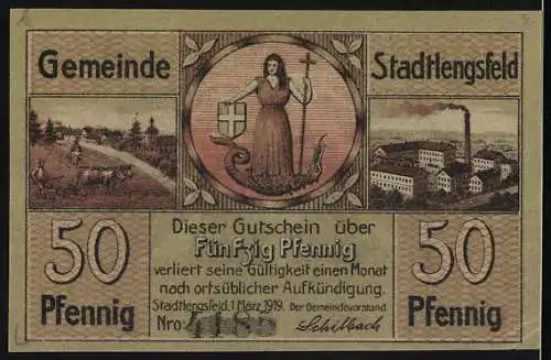 Notgeld Stadtlengsfeld, 1919, 50 Pfennig, Kriegsmahnmal und Gemeindeansichten