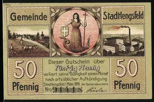 Notgeld Stadtlengsfeld 1919, 50 Pfennig, Göttin mit Anker, Bauernhof, Industrie, Kriegsmahnmal, Siegel der Stadt