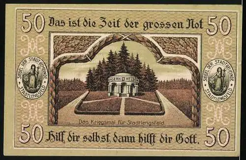 Notgeld Stadtlengsfeld 1919, 50 Pfennig, Göttin mit Anker, Bauernhof, Industrie, Kriegsmahnmal, Siegel der Stadt