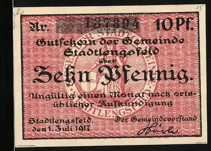 Notgeld Stadtlengsfeld 1917, 10 Pfennig, Gutschein der Gemeinde Stadtlengsfeld über Zehn Pfennig, rot mit Ziermuster