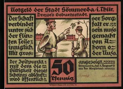 Notgeld Sömmerda 1921, 50 Pfennig, Motiv mit Soldat und Gebäude, Rathaus und Wappen der Stadt