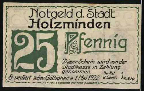 Notgeld Holzminden 1922, 25 Pfennig, Kirche und Stadtbild, grün-weiss