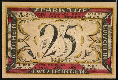 Notgeld Twistringen, 1921, 25 Pfennig, Sparkarte mit Zeichnung eines Mannes an einem Webstuhl