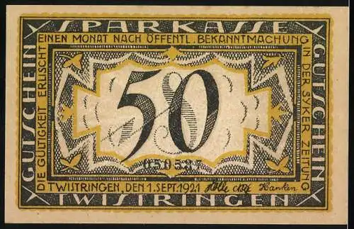 Notgeld Twistringen, 1921, 50 Pfennig, Stadtansicht und Text von G. Hunckel Bremen