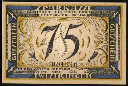 Notgeld Twistringen, 1921, 75 Pfennig, Gutschein der Sparkasse mit Glocke und sitzender Figur