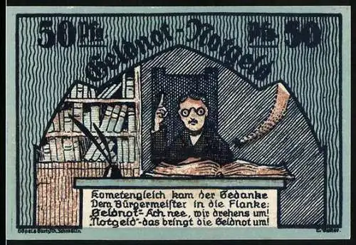 Notgeld Schmölln, 1921, 50 Pfennig, Bürgermeister mit Buch und Inschrift Notgeld auf der Vorderseite, Stadtansicht