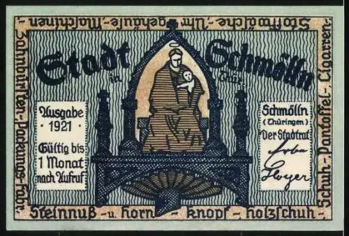 Notgeld Schmölln, 1921, 50 Pfennig, Bürgermeister mit Buch und Inschrift Notgeld auf der Vorderseite, Stadtansicht