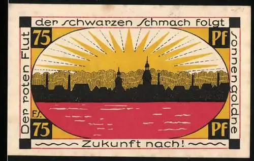 Notgeld Schmölln 1921, 75 Pf, Sonnenaufgang und Stadtwappen mit Mutter und Kind