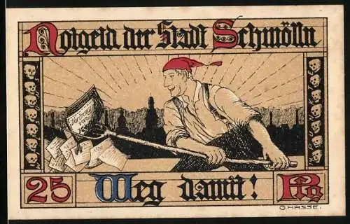 Notgeld Schmölln 1921, 25 Pfennig, Arbeiter mit roten Kopftuch und Mutter mit Kind