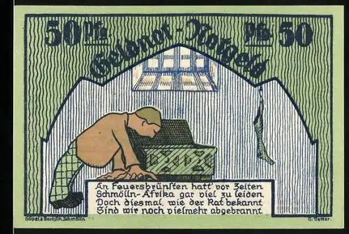 Notgeld Schmölln, 1921, 50 Pfennig, Mann mit Kiste in brennendem Raum, Statue mit Kind und verschiedene Berufe