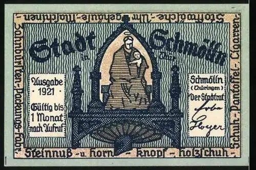 Notgeld Schmölln, 1921, 50 Pfennig, Mann mit Kiste in brennendem Raum, Statue mit Kind und verschiedene Berufe