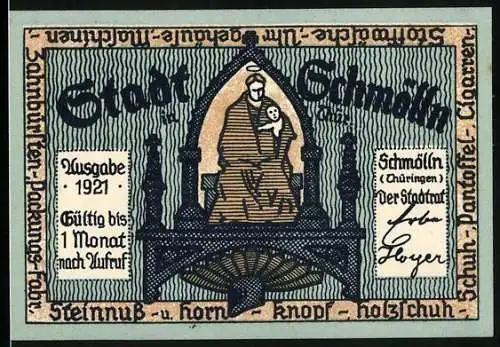 Notgeld Schmölln, 1921, 50 Pfennig, Stadtansicht und Mönche mit Pfeifen