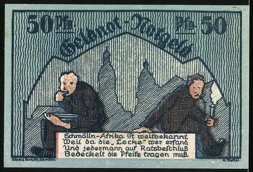 Notgeld Schmölln, 1921, 50 Pfennig, Stadtansicht und Mönche mit Pfeifen