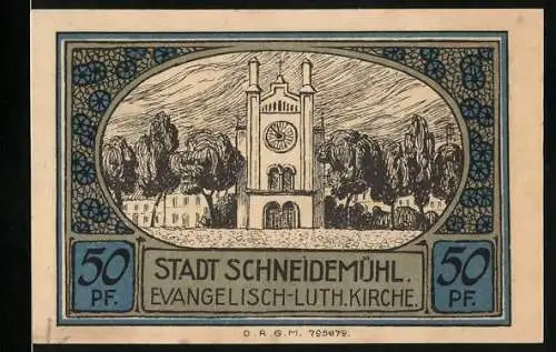 Notgeld Schneidemühl, 50 Pf, Evangelisch-Luth. Kirche und Städtische Sparkasse, Konto D, 31980