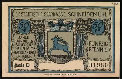 Notgeld Schneidemühl, 50 Pf, Evangelisch-Luth. Kirche und Städtische Sparkasse, Konto D, 31980