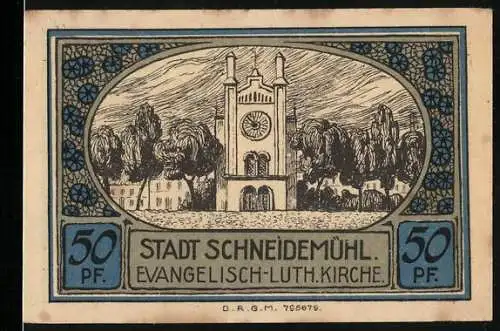 Notgeld Schneidemühl, 50 Pf, Evangelisch-Luth. Kirche und Stadtwappen, Städtische Sparkasse Schneidemühl