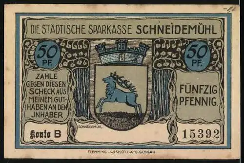 Notgeld Schneidemühl, 50 Pf, Evangelisch-Luth. Kirche und Stadtwappen, Städtische Sparkasse Schneidemühl