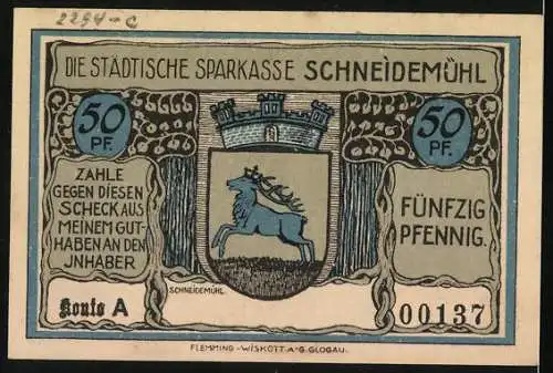 Notgeld Schneidemühl, 50 Pfennig, Evangelisch-Luth. Kirche und Stadtsparkasse, Serie A 00137