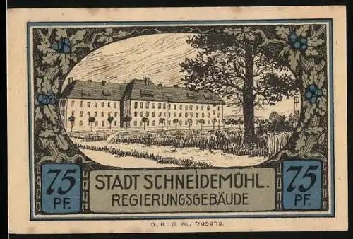 Notgeld Schneidemühl, 75 Pf, Regierungsgebäude und städtische Sparkasse, Hirschwappen