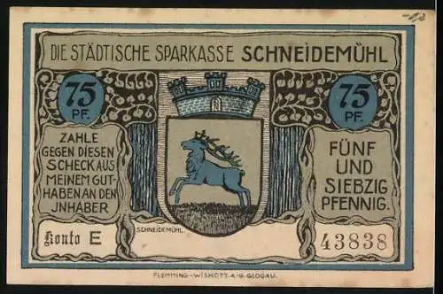 Notgeld Schneidemühl, 75 Pf, Regierungsgebäude und städtische Sparkasse, Hirschwappen